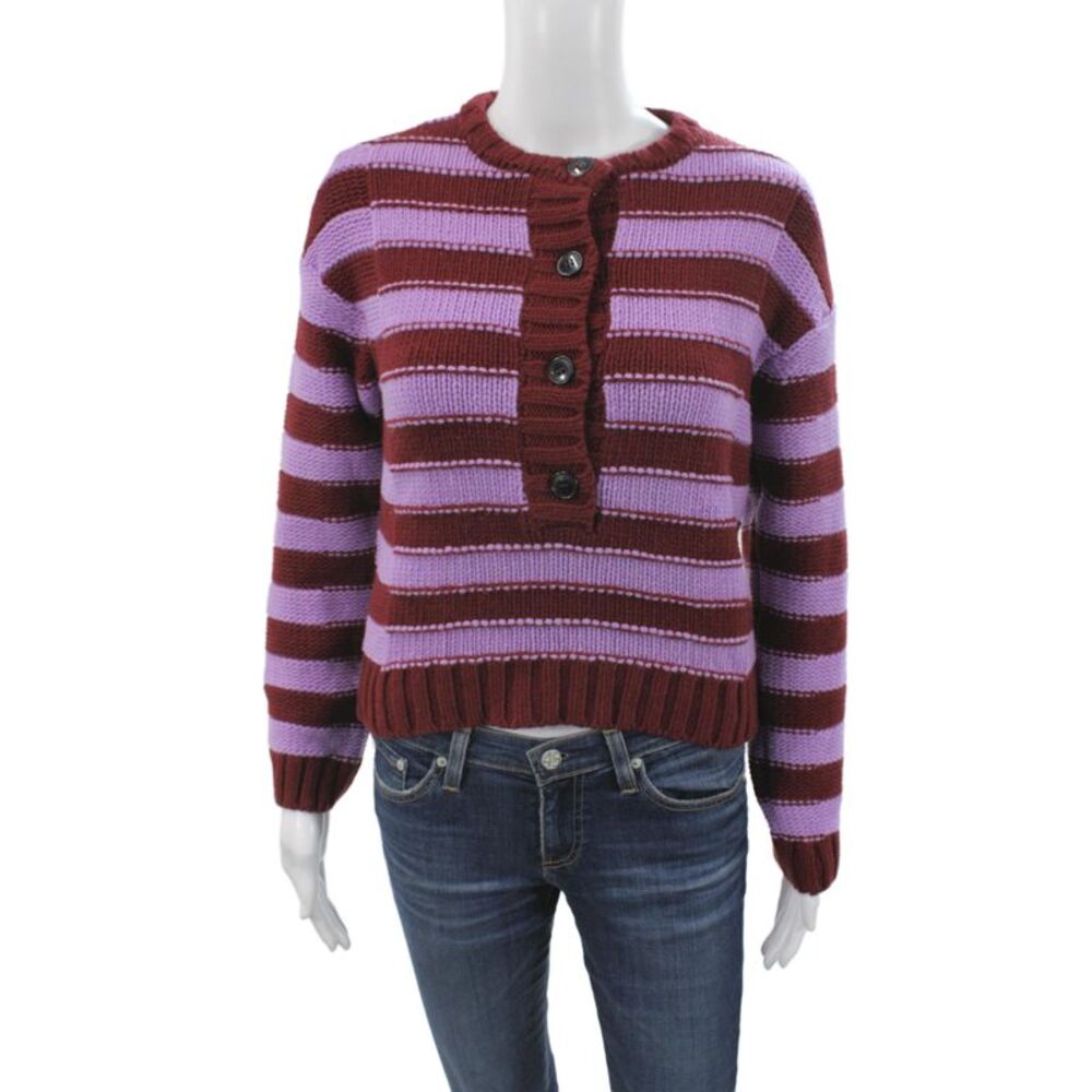 Alexa Chung Women Cardigan Purple Striped Wool Crew Long Sleeve Size XS